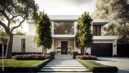 Luxury Beverly Hills Mansion house with Stunning Pool and Garden View. Modern Minimalist Design. Generative ai illustration
