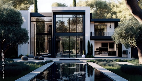 Luxury Beverly Hills Mansion house with Stunning Pool and Garden View. Modern Minimalist Design. Generative ai illustration