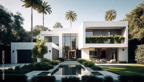 Luxury Beverly Hills Mansion house with Stunning Pool and Garden View. Modern Minimalist Design. Generative ai illustration