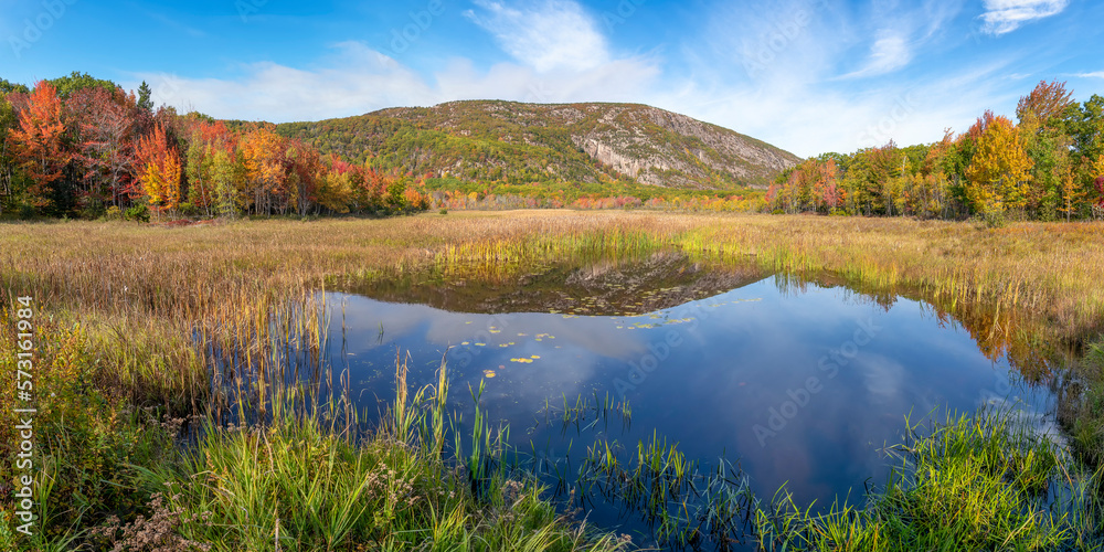Champlain mountain reflected in tarn, Acadia National Park, Maine, USA Champlain mountain reflected in tarn, Acadia National Park, Maine, USA