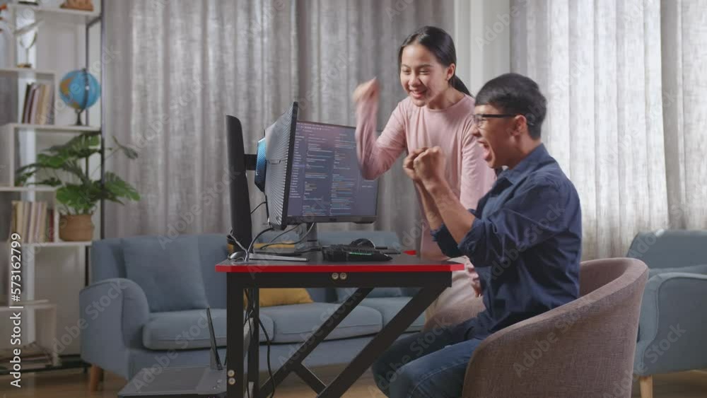Happy Asian Teen Girl And Boy Celebrating Succeed Creating Software Engineer Developing App, Program, Video Game On Desktop Computer At Home. Terminal With Coding Language
Happy Asian Teen Girl And Boy Celebrating Succeed Creating Software Engineer Developing App, Program, Video Game On Desktop Computer At Home. Terminal With Coding Language