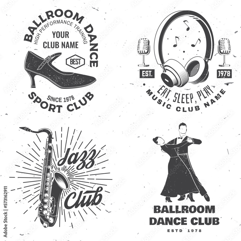 Naklejka premium Set of retro music and ballroom dance sport club logos, badges design. Dance sport and retro music sticker with microphone, headphones, saxophone, shoes for ballroom dancing, man and woman silhouette