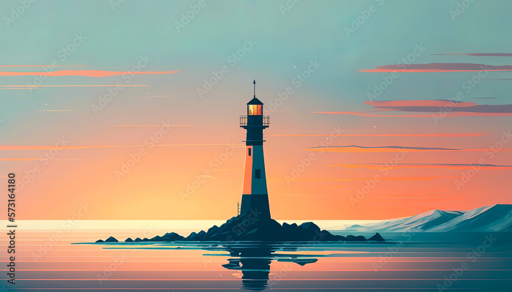 Fototapeta premium Abstract lighthouse in the sea during sunrise or sunset with twilight sky landscape background. Minimalistic digital art with pastel color style. Digital illustration generative AI.