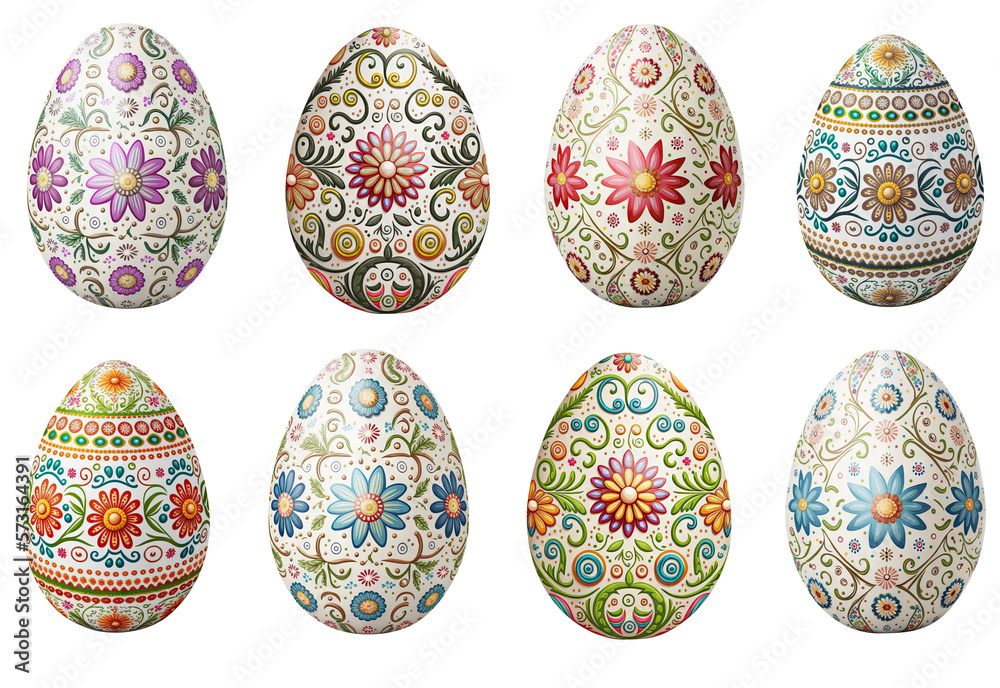 Easter Celebration: set of eight Ukrainian Easter eggs decorated with floral ornaments on transparent background