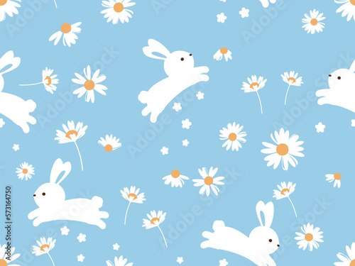 Seamless pattern with jumping rabbit bunny and daisy flower field on blue background vector illustration.