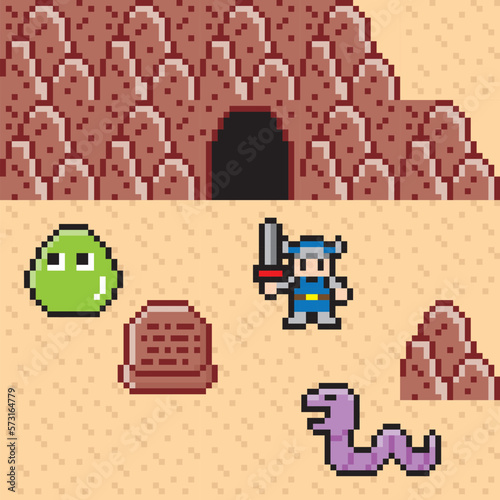 アクションRPG風ドット絵　フィールド画面　洞窟 小