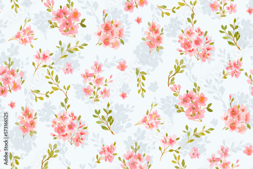 Spring summer green delicate seamless pattern with blooming apple tree or sakura.