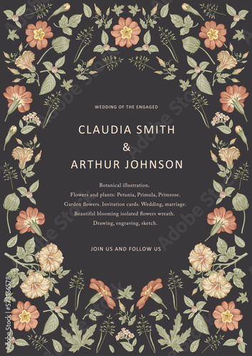 Wedding marriage thanks invitation chamomile primrose Beautiful blooming flowers fabric Vintage greeting card. Frame. Drawing engraving isolated floral Wallpaper background Vector baroque Illustration