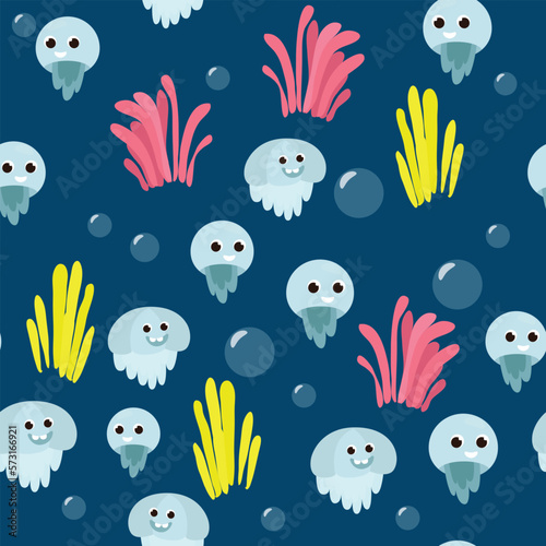 Seamless pattern funny sea jellyfish next to algae. Pattern for textiles in cartoon style.