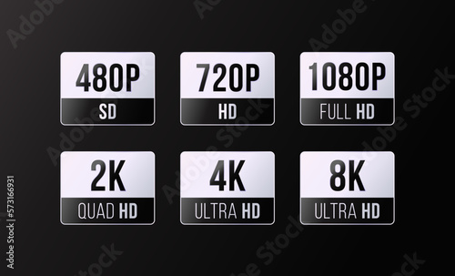 480p, 720p, 1080p, 2k, 4K, 8k Ultra HD logos with HDR mention, video HDTV Silver rectangle sticker badge design.