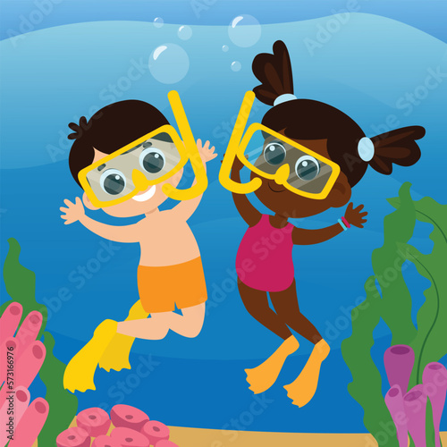 Cute international children boy and girl swim underwater near seaweed. Vertical scene in cartoon style. Can be used for children's puzzles.