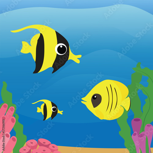 Tropical yellow fish swim underwater near the algae. Vertical scene in cartoon style. Can be used for children's puzzles.