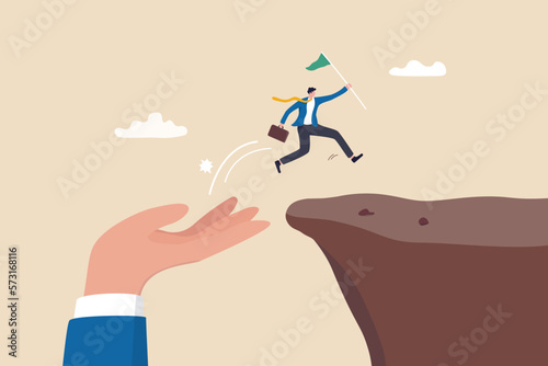Helping hand or support to help achieve success, assistance or advice to reach next level, solution or employee encouragement concept, giant hand help businessman to jump up the cliff reach success.