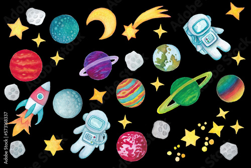 Cartoon space elements. Set of planets, stars, rocket, moon, stars. Watercolor illustration. photo