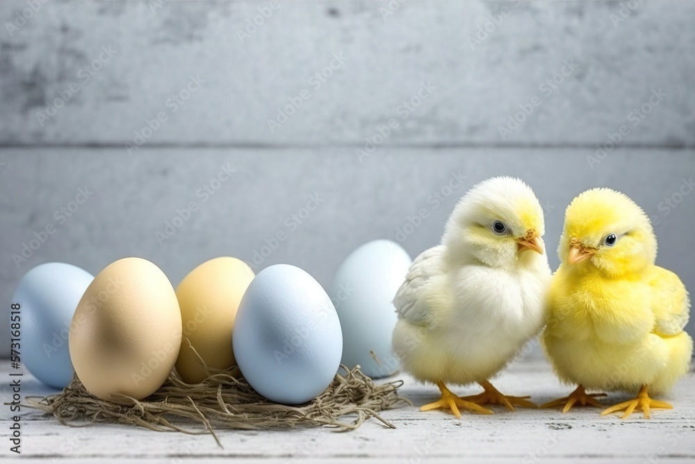 Blue, yellow, white eggs in the nest and yellow chicks on a wooden background. Easter card. Generation AI