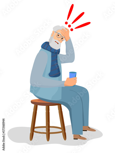 An elderly man got sick. Old man holds his hand on head. Dizziness and severe headache. Disease treatment. Migraine. Vector illustration. Isolated design on a white background.