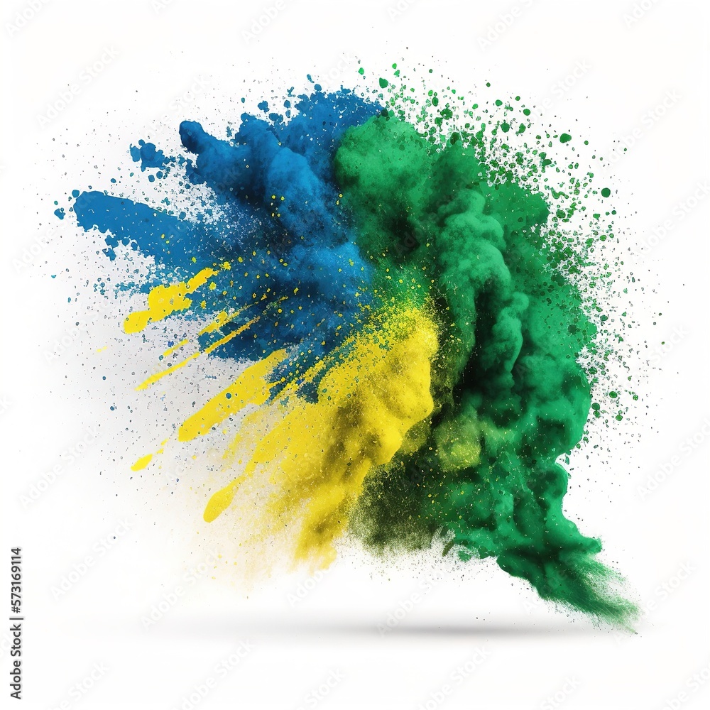 colorful brazilian flag green yellow blue color paint powder explosion on isolated white