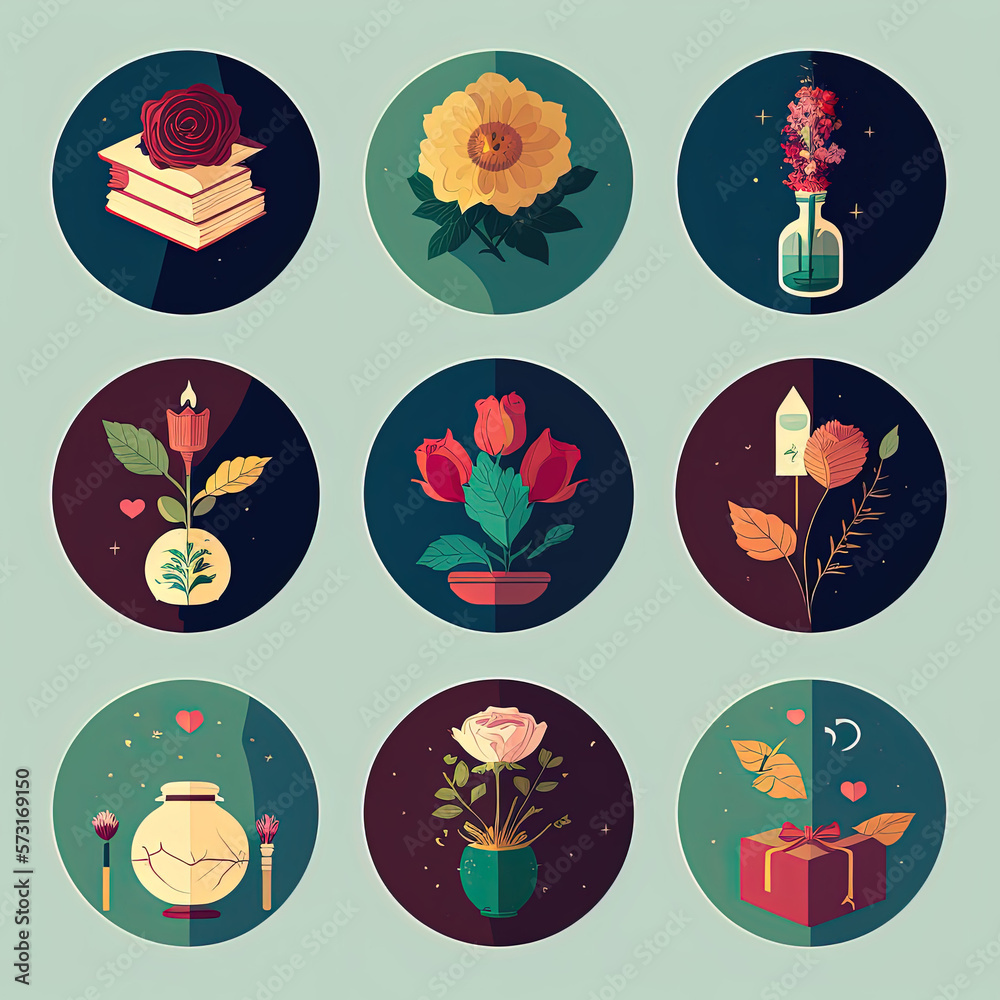 flat icons setRomantic flower vector illustrations , generative artificial intelligence flat icons setRomantic flower vector illustrations , generative artificial intelligence