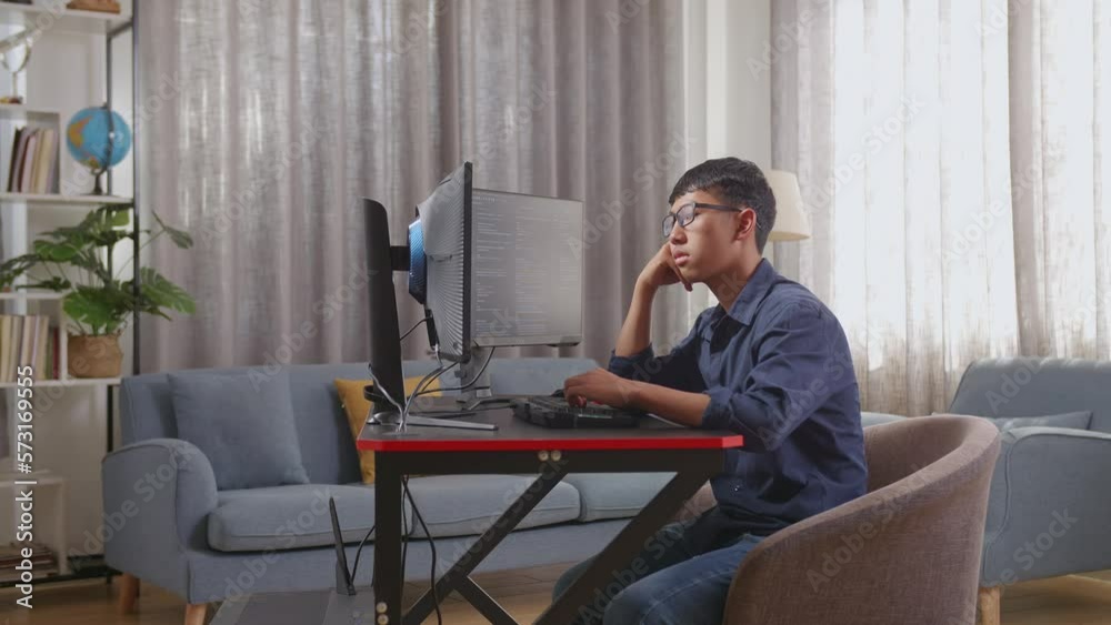 Asian Boy Programmer Being Bored Creating Software Engineer Developing App, Program, Video Game On Desktop Computer At Home. Terminal With Coding Language
Asian Boy Programmer Being Bored Creating Software Engineer Developing App, Program, Video Game On Desktop Computer At Home. Terminal With Coding Language