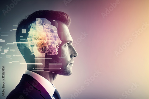 Side view of businessman's head with digital information flowing to his brain. This represents concept of Artificial Intelligence, big data, digital data analytic. Digital illustration generative AI