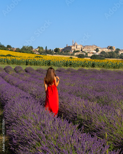 Lavanda, girasoli e il borgo di Corinaldo, Marche.