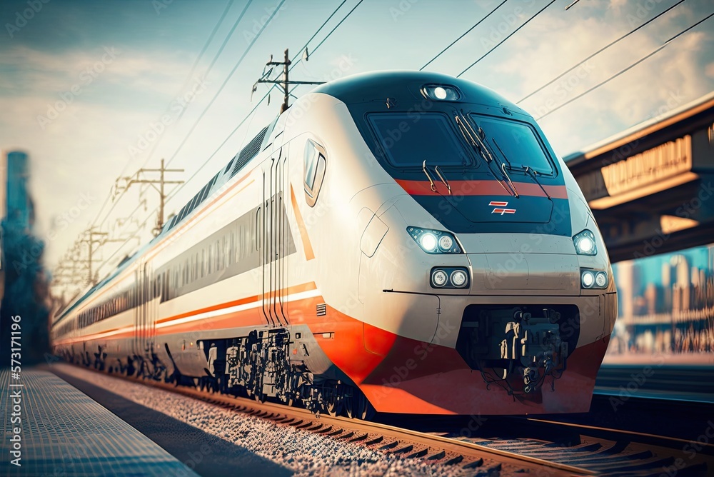 Fototapeta premium Front view of fast moving modern passenger train on railway platform at sunset with motion blur effect. Commercial transportation, future logistics, modern technology, transport concept. AI generative