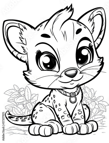 Cute animal, flower, fairies coloring page. Gnerative AI