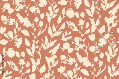 bicolor contour silhouette seamless pattern with flowers and leaves. Abstract floral spring, summer pattern.