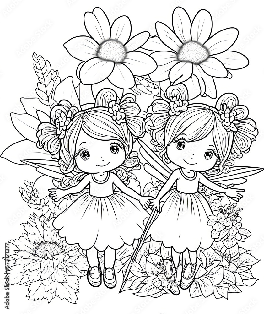 Fototapeta premium Cute animal, flower, fairies coloring page. Gnerative AI