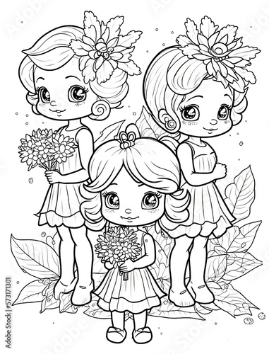 Cute animal, flower, fairies coloring page. Gnerative AI