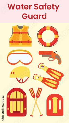 Water sports safety equipment such as life jackets and rubber tires