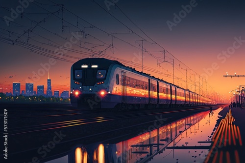 Front view of fast moving modern passenger train on railway platform at sunset with city in background. Commercial transportation, future logistics, modern technology, transport concept. AI generative