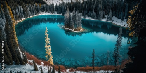 Vibrant Blue Lake in Snowy Forest, Generative AI