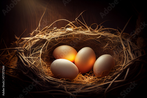 Several chicken eggs in a straw nest. AI generated.