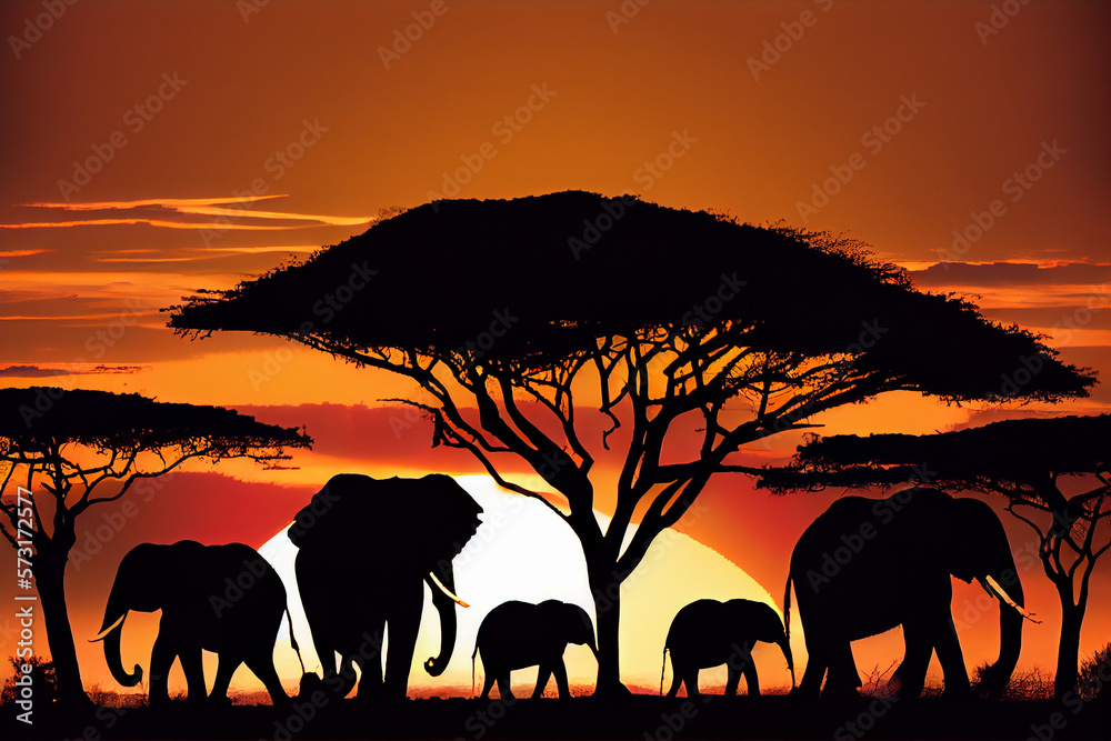 Fototapeta premium Herd of elephants in the savannah. AI generated