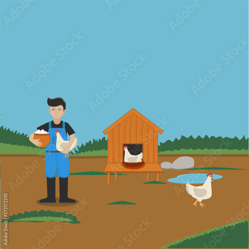 successful chicken breeder illustration,chicken meat and chicken egg business,many chickens and many eggs in their cages,flat design vector illustration