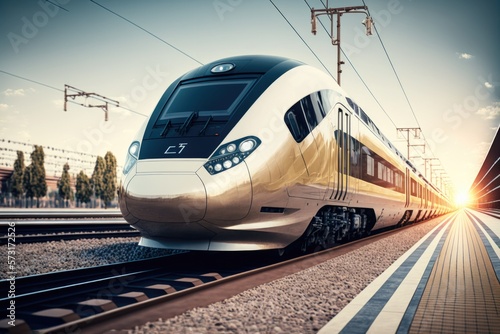Front view of fast moving modern passenger train on railway platform at sunset with motion blur effect. Commercial transportation, future logistics, modern technology, transport concept. AI generative