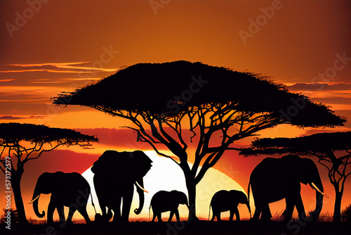 Herd of elephants in the savannah. AI generated