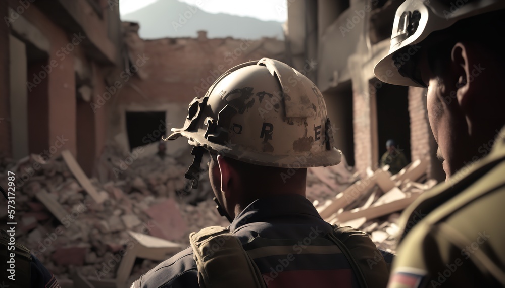 A major earthquake's aftereffects, including a destroyed city and multi-story buildings, are being cleaned up by rescuers wearing uniforms and helmets. Generative Ai.