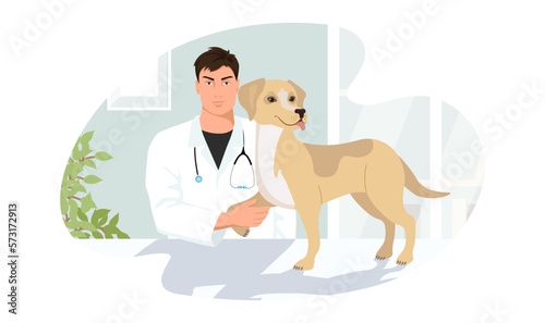 Beagle dog at veterinary visit in medical clinic office. Healthy puppy not anxiety on therapy paw on vet appointment of veterinarian man doctor. Health care of homeless animal. Vector illustration