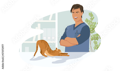 Orange cat at veterinary visit in medical clinic office. Healthy kitty not anxiety on therapy on vet appointment of veterinarian. Doctor smiling and health care of homeless animal. Vector illustration