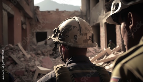 A major earthquake's aftereffects, including a destroyed city and multi-story buildings, are being cleaned up by rescuers wearing uniforms and helmets. Generative Ai.