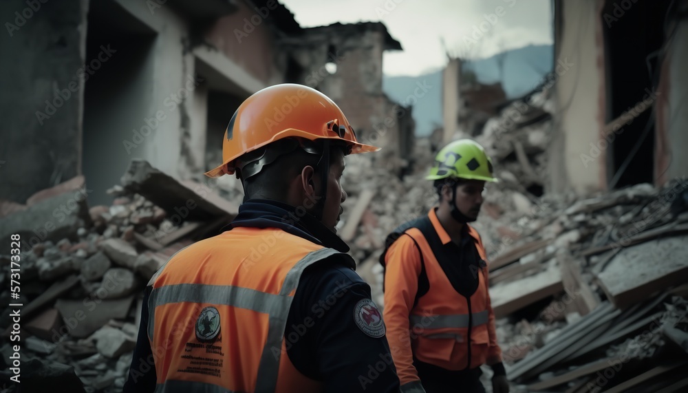 Fototapeta premium A major earthquake's aftereffects, including a destroyed city and multi-story buildings, are being cleaned up by rescuers wearing uniforms and helmets. Generative Ai.