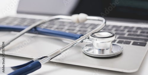 Doctor Day Concept, Health doctor stethoscope on keyboard of laptop computer with copy space, care patient in hospital, Medical and Healthcare insurance, Modern medical Information gadget diagnostics