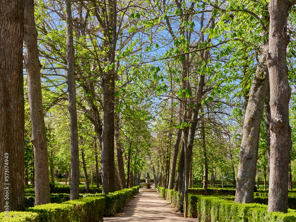 Island garden, Jardin de la Isla, in spring. It is a Spanish Renaissance garden located to the north of the Royal Palace