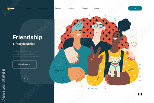 Lifestyle website template - Friendship - modern flat vector illustration of a happy young man and women embracing and posing together. People activities concept