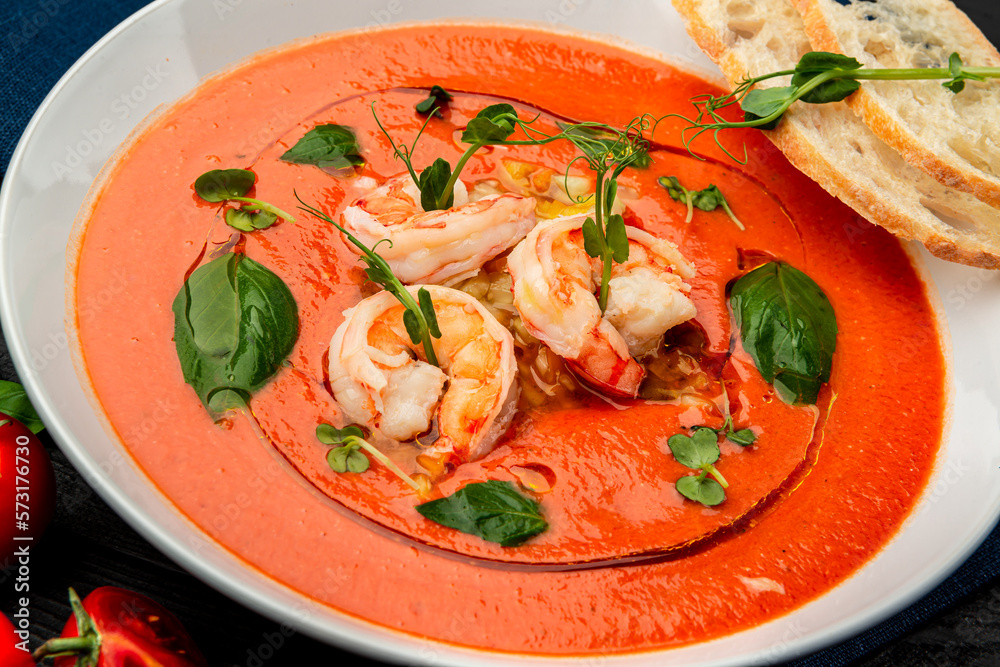 Delicious cold tomato soup or gazpacho with shrimps. Delicious cold tomato soup or gazpacho with shrimps.