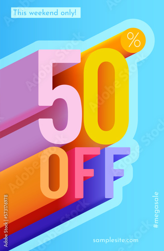 50 percent Off. Discount creative composition. Mega Sale.