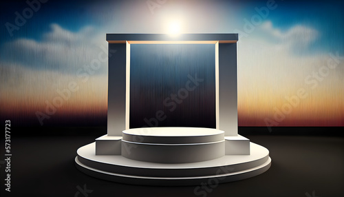 AI Generated, 3D product display stage with lighting, cosmetic product showcase  with vanilla sky background. photo