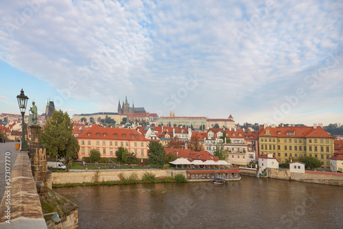 Distant view of Prague Cathedral from Charles Bridge.